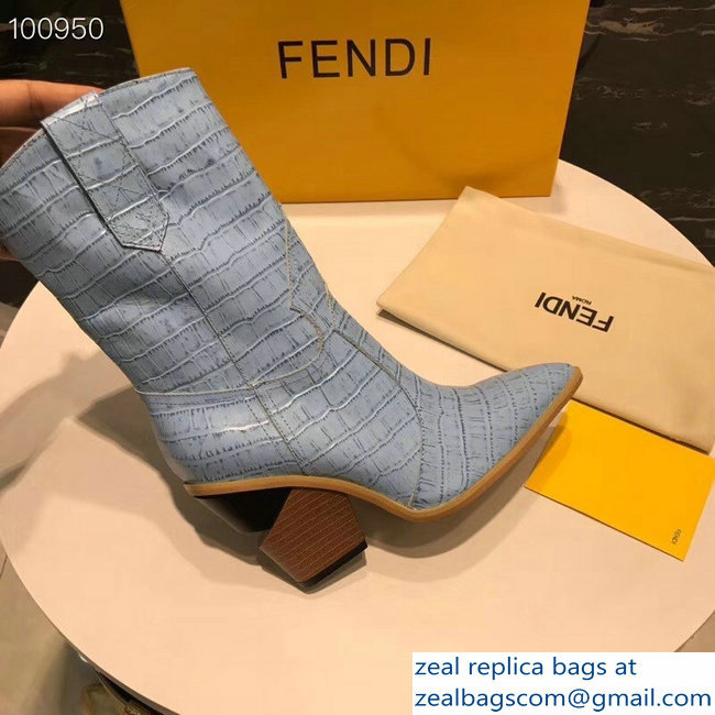 Fendi Heel 9cm Crocodile-Embossed Ankle Boots Light Blue 2018