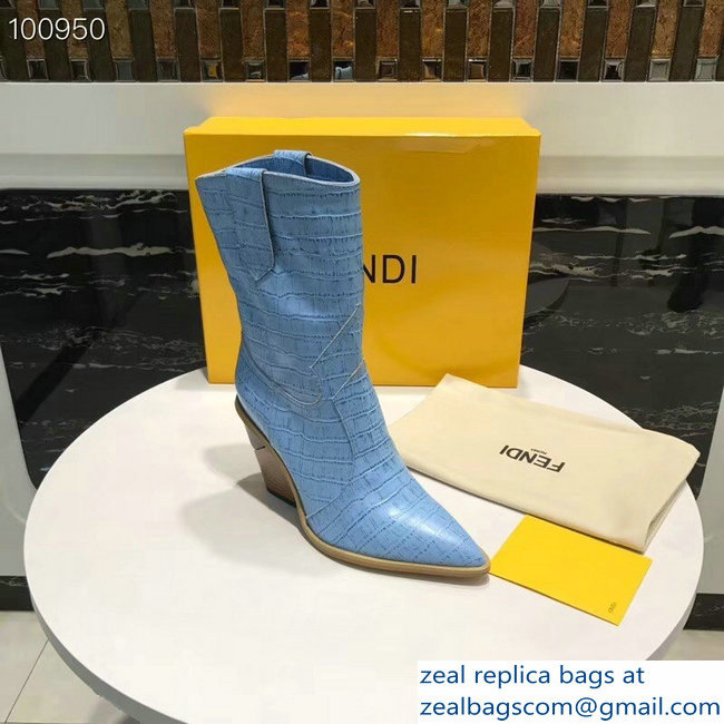 Fendi Heel 9cm Crocodile-Embossed Ankle Boots Light Blue 2018