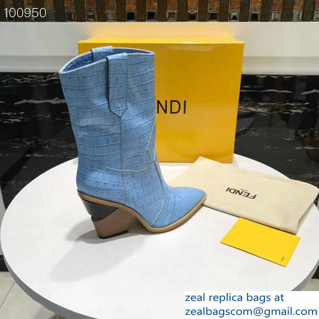 Fendi Heel 9cm Crocodile-Embossed Ankle Boots Light Blue 2018