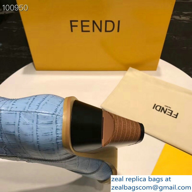 Fendi Heel 9cm Crocodile-Embossed Ankle Boots Light Blue 2018 - Click Image to Close