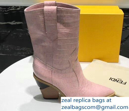 Fendi Heel 9cm Crocodile-Embossed Ankle Boots Pink 2018 - Click Image to Close