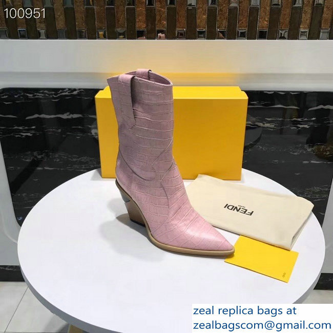 Fendi Heel 9cm Crocodile-Embossed Ankle Boots Pink 2018 - Click Image to Close