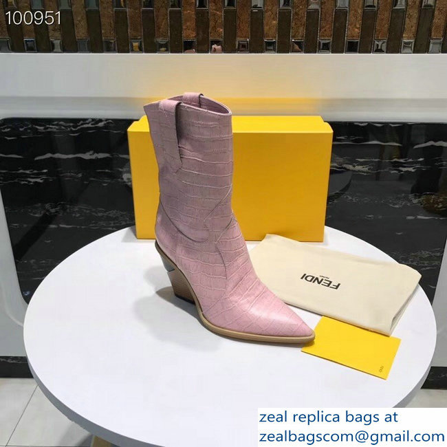 Fendi Heel 9cm Crocodile-Embossed Ankle Boots Pink 2018