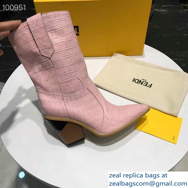 Fendi Heel 9cm Crocodile-Embossed Ankle Boots Pink 2018