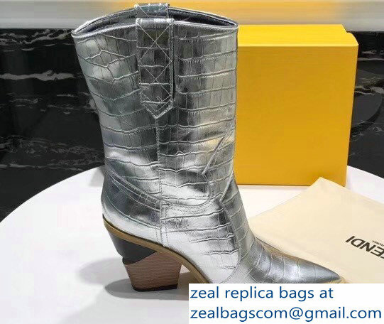 Fendi Heel 9cm Crocodile-Embossed Ankle Boots Silver 2018