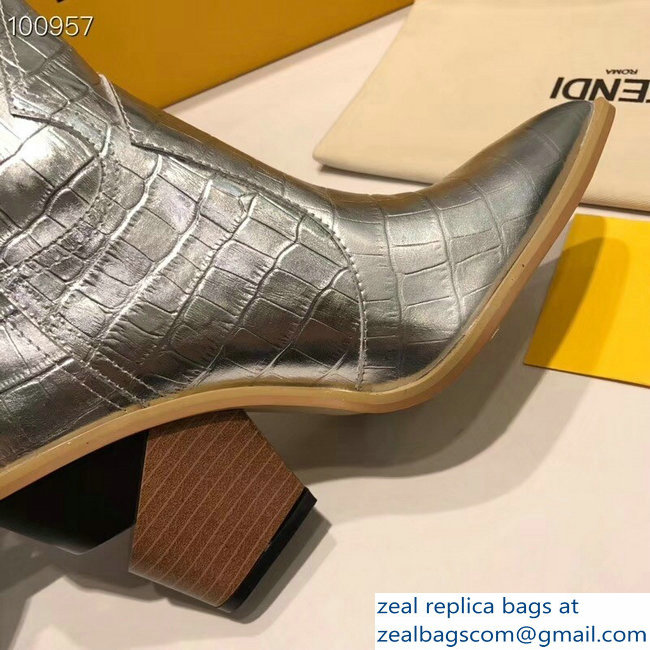 Fendi Heel 9cm Crocodile-Embossed Ankle Boots Silver 2018