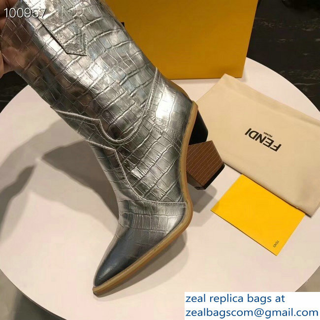 Fendi Heel 9cm Crocodile-Embossed Ankle Boots Silver 2018