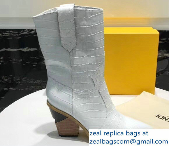 Fendi Heel 9cm Crocodile-Embossed Ankle Boots White 2018 - Click Image to Close