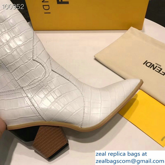 Fendi Heel 9cm Crocodile-Embossed Ankle Boots White 2018 - Click Image to Close