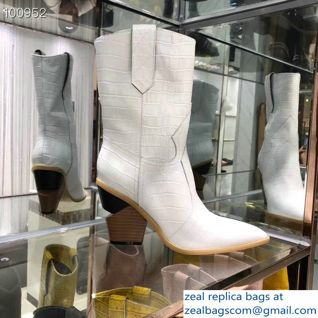 Fendi Heel 9cm Crocodile-Embossed Ankle Boots White 2018