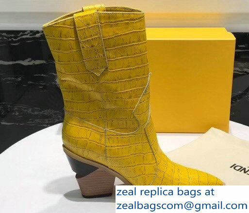 Fendi Heel 9cm Crocodile-Embossed Ankle Boots Yellow 2018