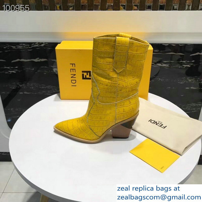 Fendi Heel 9cm Crocodile-Embossed Ankle Boots Yellow 2018 - Click Image to Close