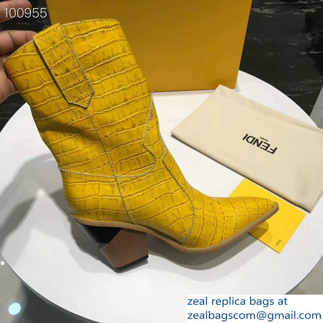 Fendi Heel 9cm Crocodile-Embossed Ankle Boots Yellow 2018