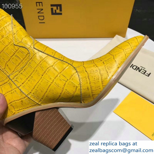 Fendi Heel 9cm Crocodile-Embossed Ankle Boots Yellow 2018