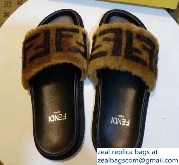 Fendi Leather And Shearling Slides Sandals FF Brown 2018