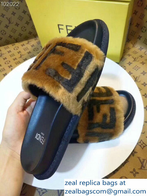Fendi Leather And Shearling Slides Sandals FF Brown 2018