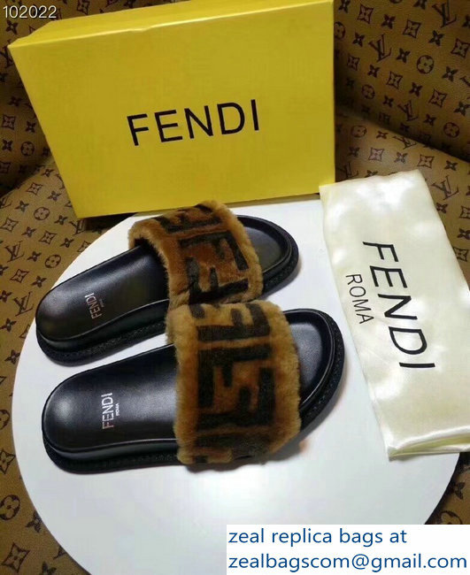 Fendi Leather And Shearling Slides Sandals FF Brown 2018