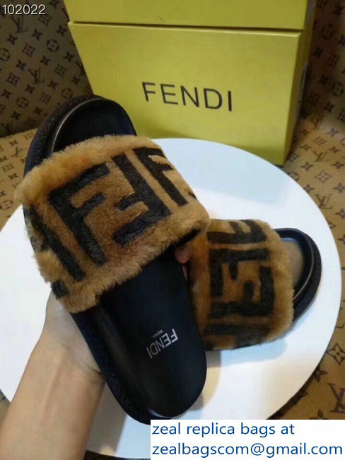 Fendi Leather And Shearling Slides Sandals FF Brown 2018