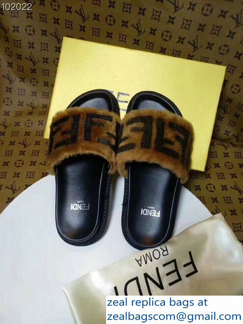 Fendi Leather And Shearling Slides Sandals FF Brown 2018