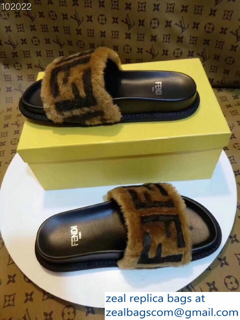 Fendi Leather And Shearling Slides Sandals FF Brown 2018