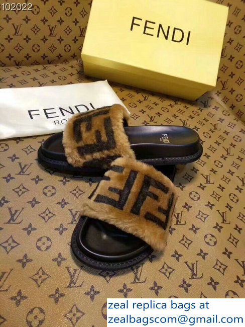 Fendi Leather And Shearling Slides Sandals FF Brown 2018
