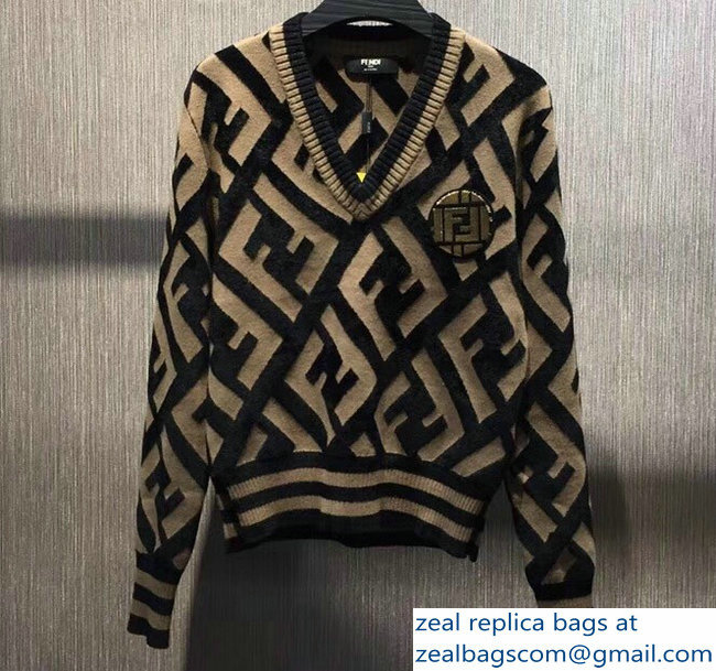 Fendi V Neck Sweater FF Brown/Black 2018