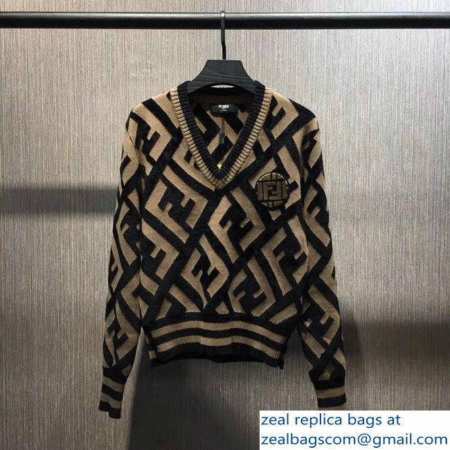 Fendi V Neck Sweater FF Brown/Black 2018