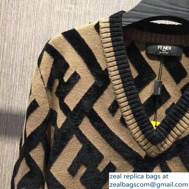Fendi V Neck Sweater FF Brown/Black 2018