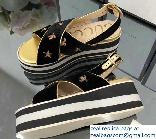 Gucci Black Velvet Crossover Platform Sandals 505333 Gold Thread Embroidered Bees And Stars 2018