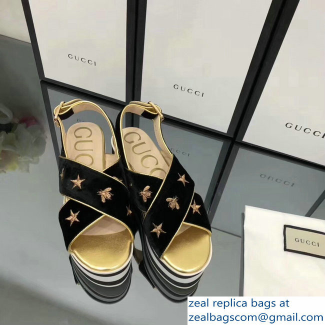 Gucci Black Velvet Crossover Platform Sandals 505333 Gold Thread Embroidered Bees And Stars 2018 - Click Image to Close