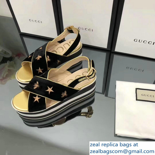 Gucci Black Velvet Crossover Platform Sandals 505333 Gold Thread Embroidered Bees And Stars 2018