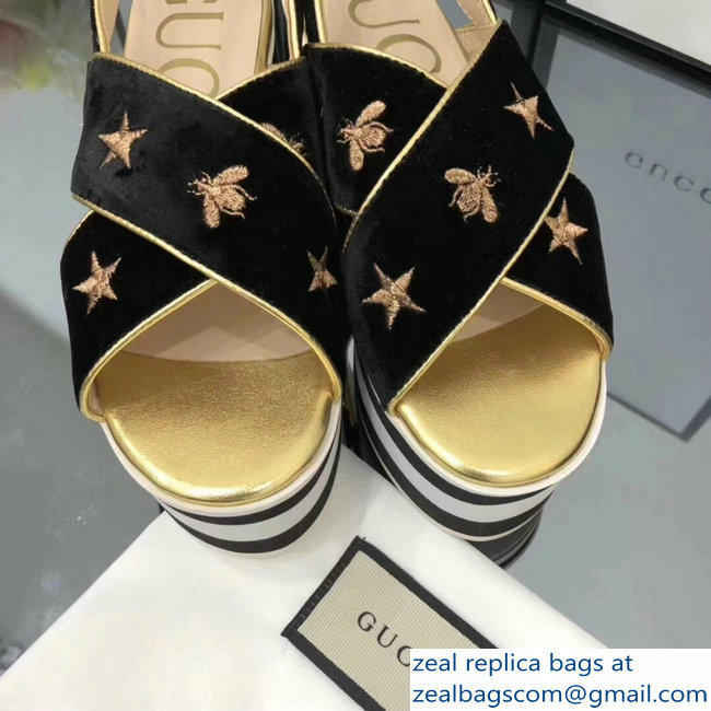 Gucci Black Velvet Crossover Platform Sandals 505333 Gold Thread Embroidered Bees And Stars 2018