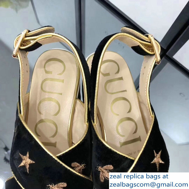 Gucci Black Velvet Crossover Platform Sandals 505333 Gold Thread Embroidered Bees And Stars 2018