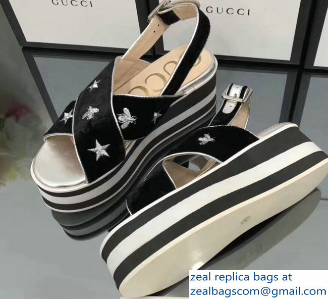 Gucci Black Velvet Crossover Platform Sandals 505333 Silver Thread Embroidered Bees And Stars 2018
