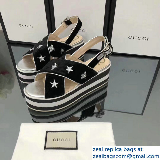 Gucci Black Velvet Crossover Platform Sandals 505333 Silver Thread Embroidered Bees And Stars 2018