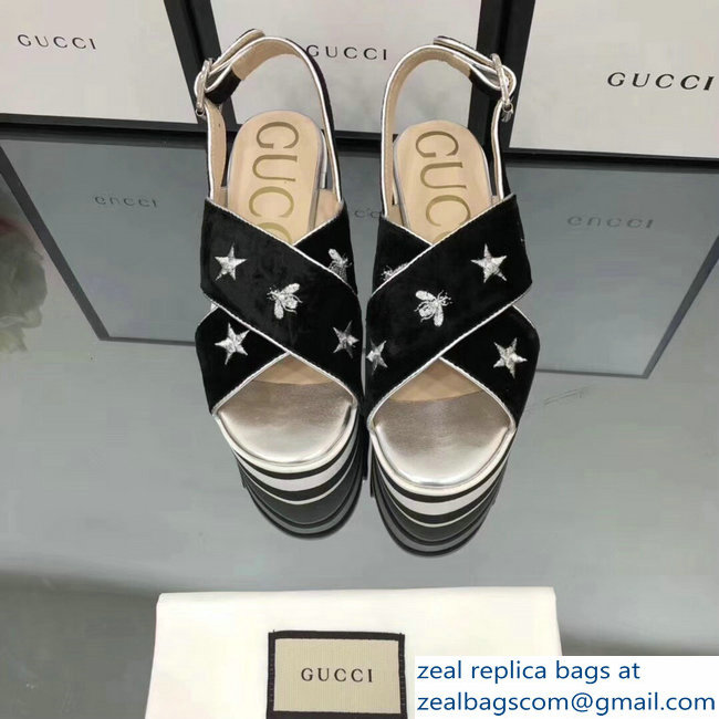 Gucci Black Velvet Crossover Platform Sandals 505333 Silver Thread Embroidered Bees And Stars 2018