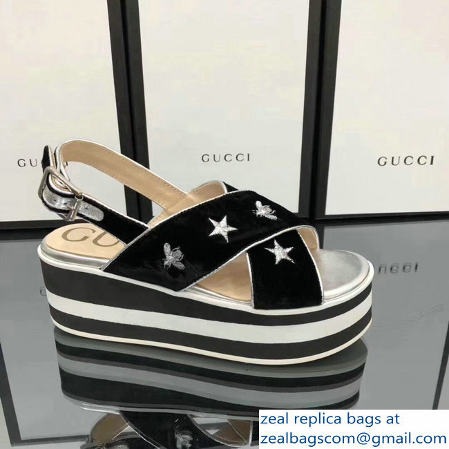 Gucci Black Velvet Crossover Platform Sandals 505333 Silver Thread Embroidered Bees And Stars 2018