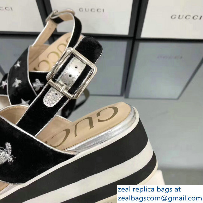 Gucci Black Velvet Crossover Platform Sandals 505333 Silver Thread Embroidered Bees And Stars 2018