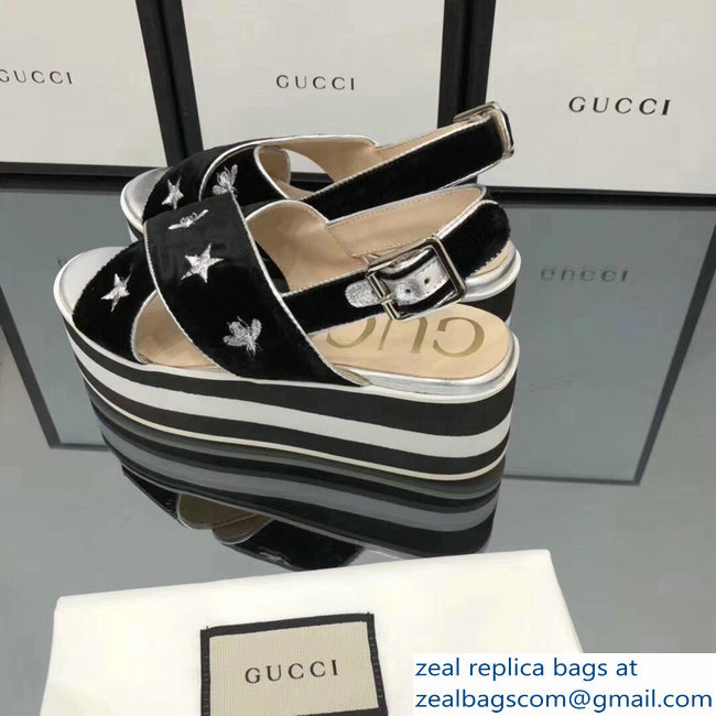 Gucci Black Velvet Crossover Platform Sandals 505333 Silver Thread Embroidered Bees And Stars 2018