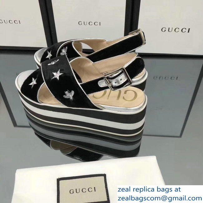 Gucci Black Velvet Crossover Platform Sandals 505333 Silver Thread Embroidered Bees And Stars 2018 - Click Image to Close