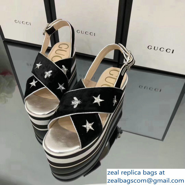 Gucci Black Velvet Crossover Platform Sandals 505333 Silver Thread Embroidered Bees And Stars 2018