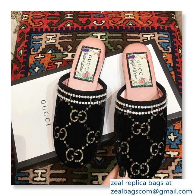 Gucci Crystal Embroidered Trim GG Velvet Slipper Black 2018