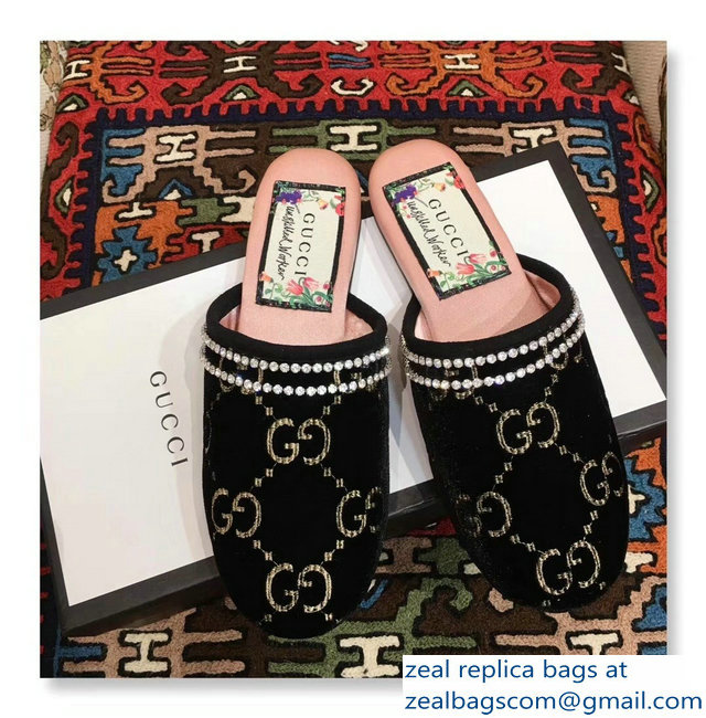 Gucci Crystal Embroidered Trim GG Velvet Slipper Black 2018 - Click Image to Close