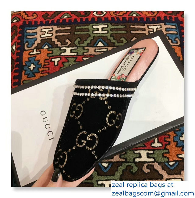 Gucci Crystal Embroidered Trim GG Velvet Slipper Black 2018