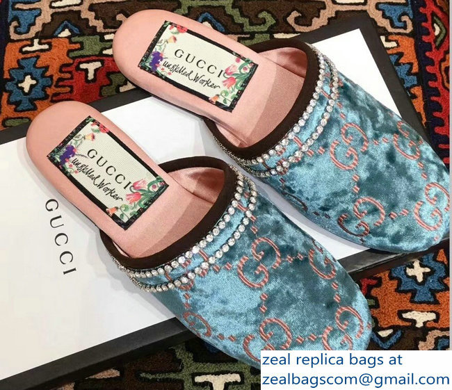 Gucci Crystal Embroidered Trim GG Velvet Slipper Blue 2018