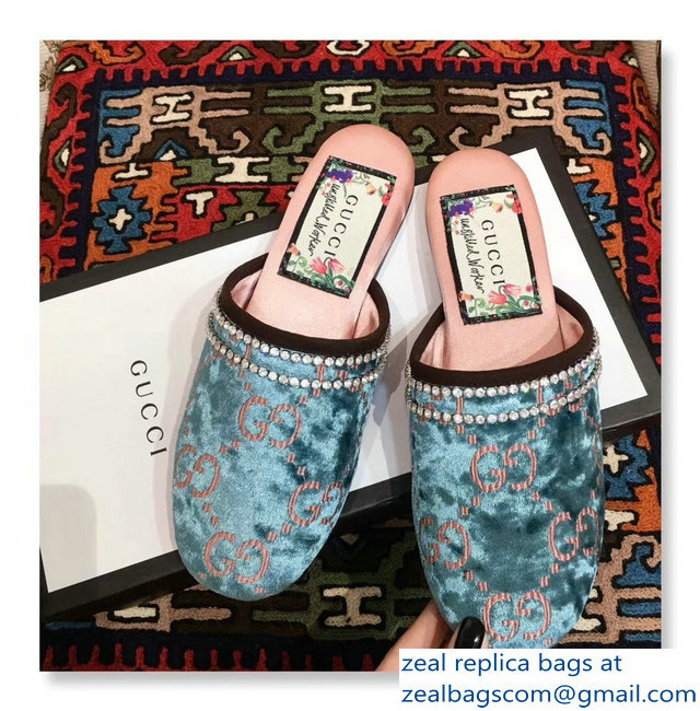 Gucci Crystal Embroidered Trim GG Velvet Slipper Blue 2018