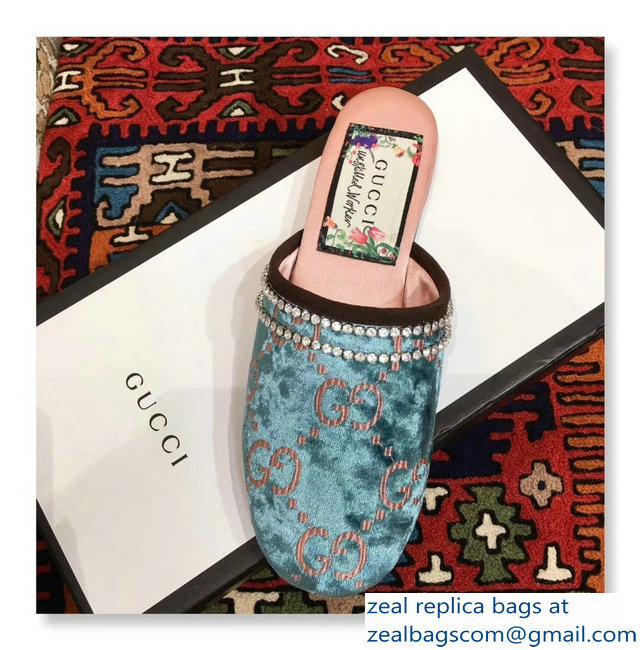 Gucci Crystal Embroidered Trim GG Velvet Slipper Blue 2018 - Click Image to Close