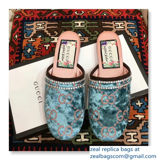 Gucci Crystal Embroidered Trim GG Velvet Slipper Blue 2018