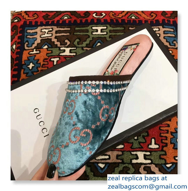 Gucci Crystal Embroidered Trim GG Velvet Slipper Blue 2018