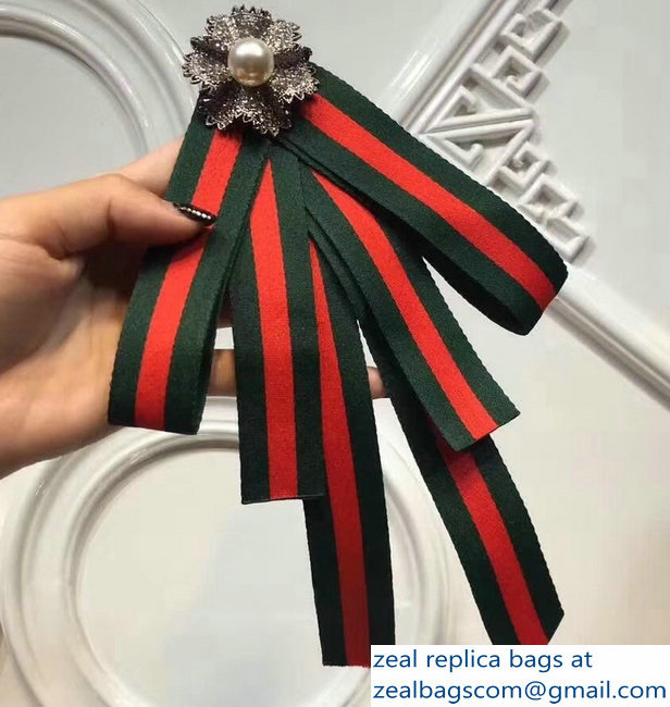 Gucci Crystals and Pearls Green/Red Web Grosgrain Bow Brooch